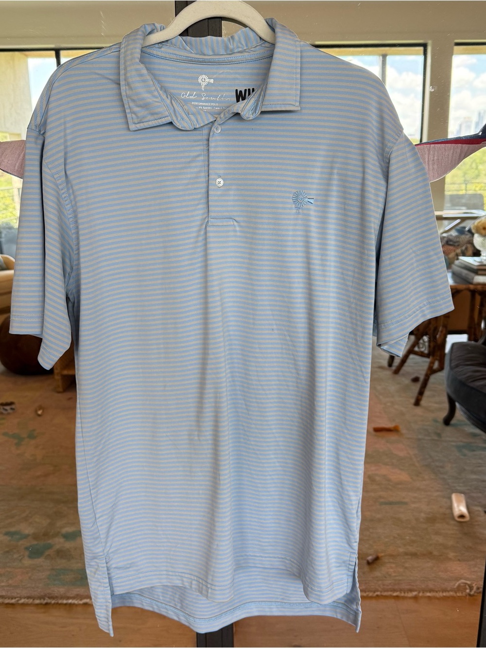 Classic Men's Light Blue Striped Polo with Subtle Chest Logo